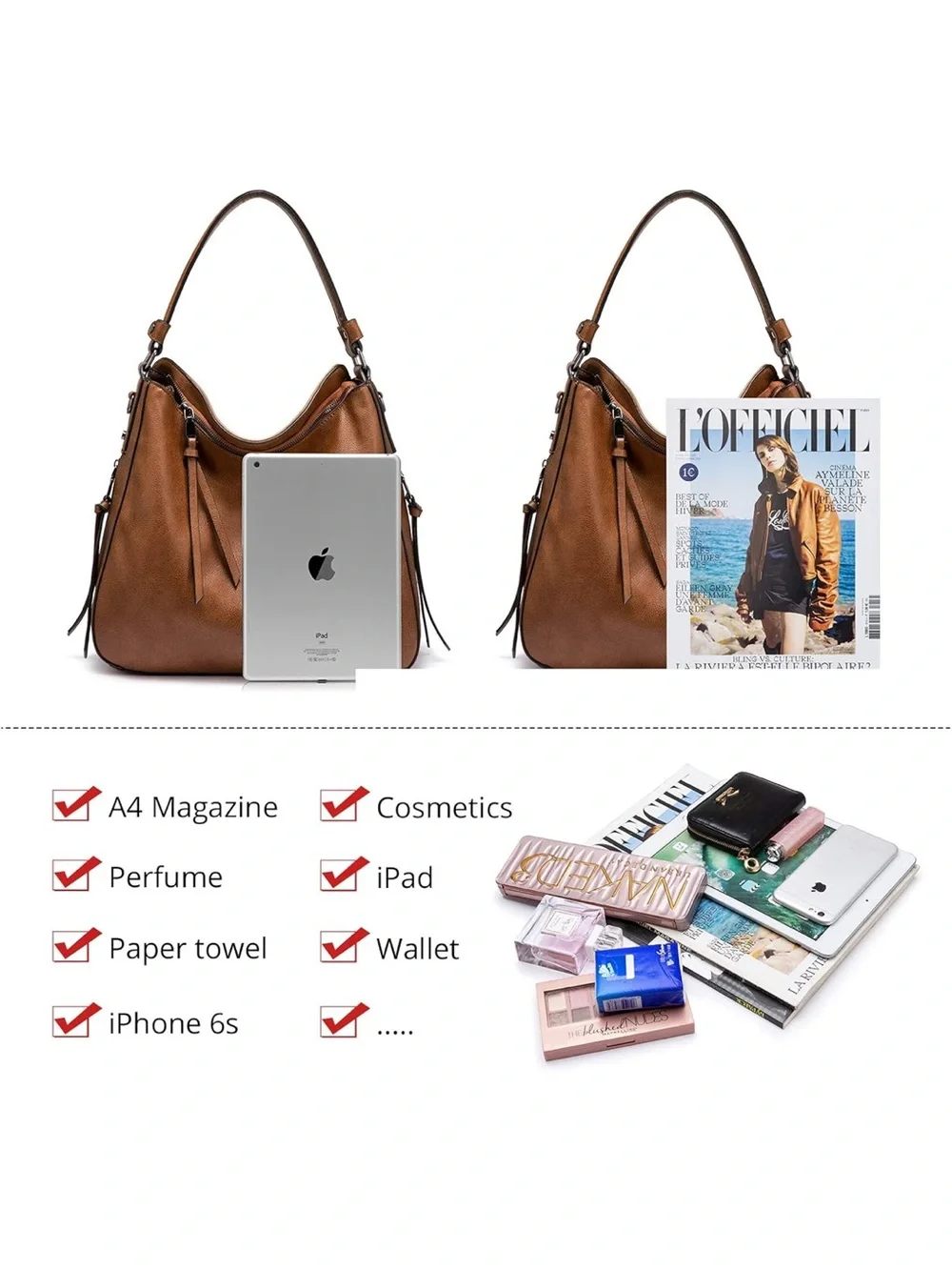 Everyday Brown Hobo Bag with Adjustable Strap Large size